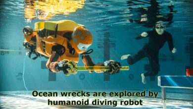 ocean wrecks are explored by humanoid diving robot